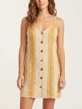 Sz S Rip Curl 100% Cotton Alma Striped Embroidered Mini Dress Beige Yellow